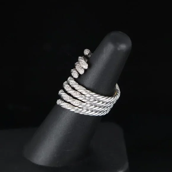 David Yurman Sterling Silver Pave Diamond 4 Row Willow Cocktail Ring Band 6 - Picture 7 of 7